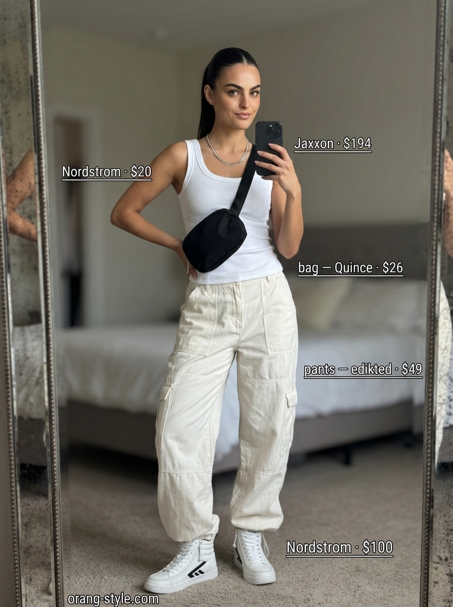 Textured all white summer outfits for women 2026: Edgy cargo pants, ribbed tank, chunky sneakers for street style.