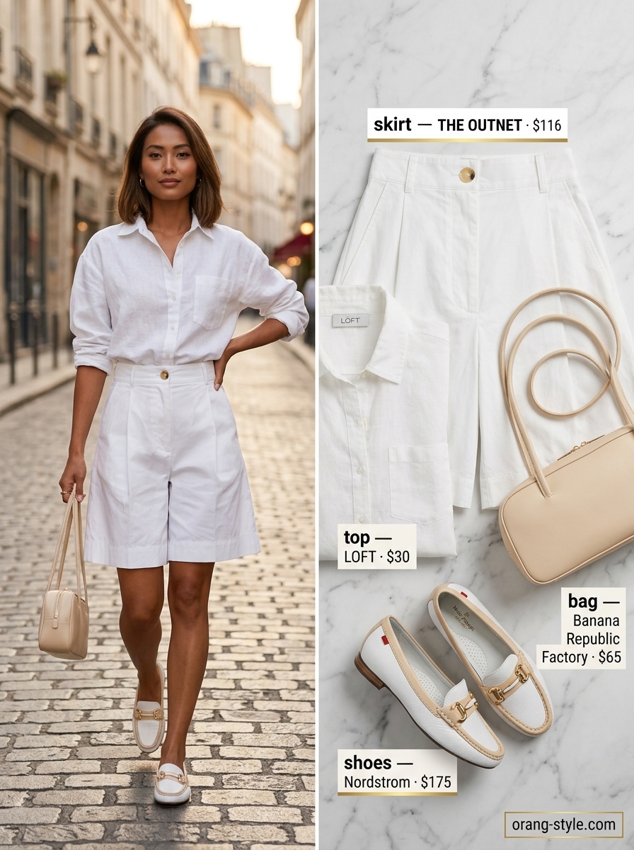 Textured all white summer outfits for women 2026: Tailored shorts, button-down shirt, loafers for city style.