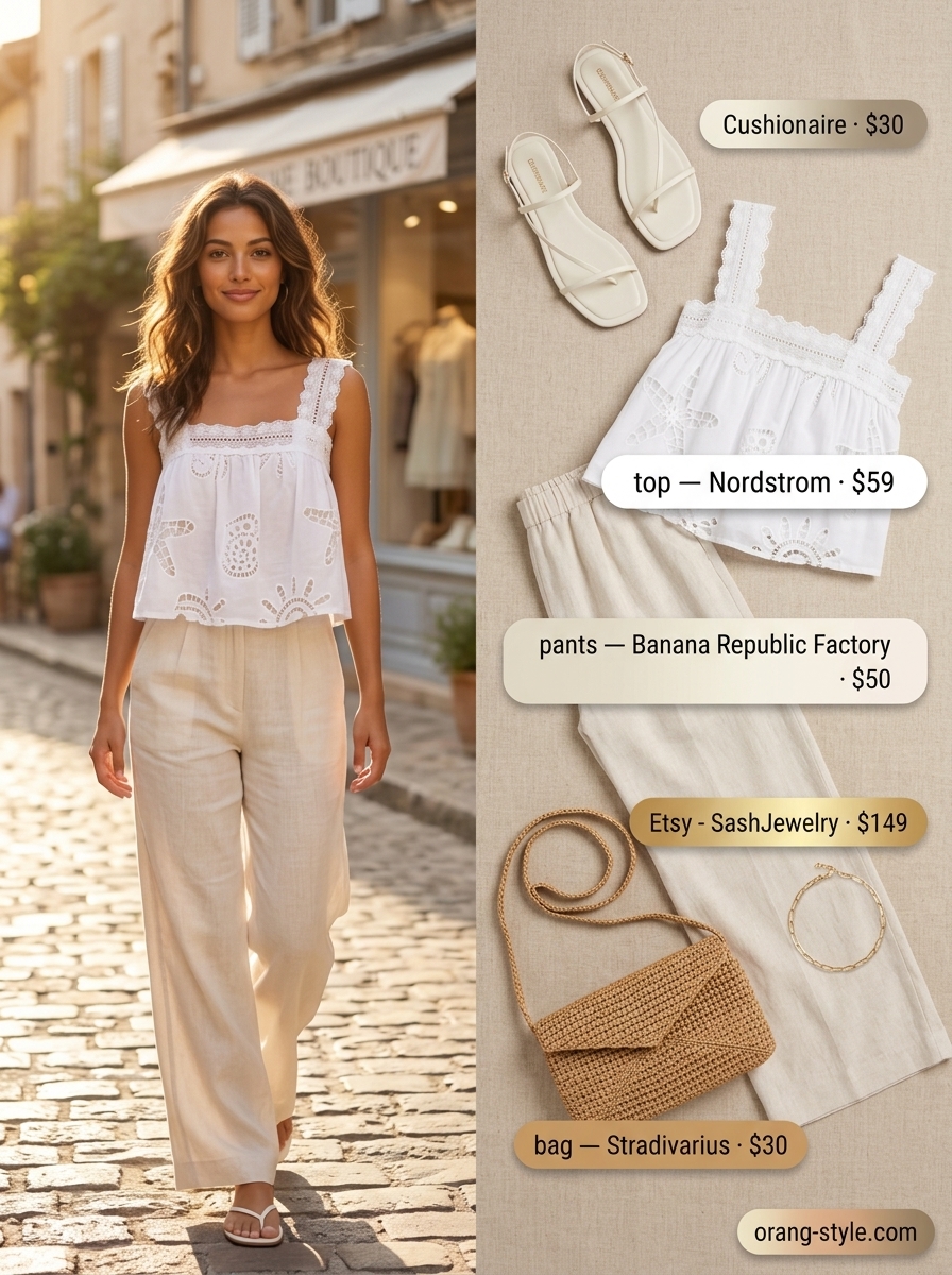 Textured all white summer outfits for women 2026: Linen pants, eyelet top, sandals for a coastal vibe.