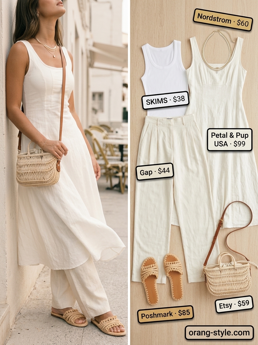 Textured all white summer outfits for women 2026: Cream linen pants, ivory tank, straw bag, and raffia slides for coastal vibes.