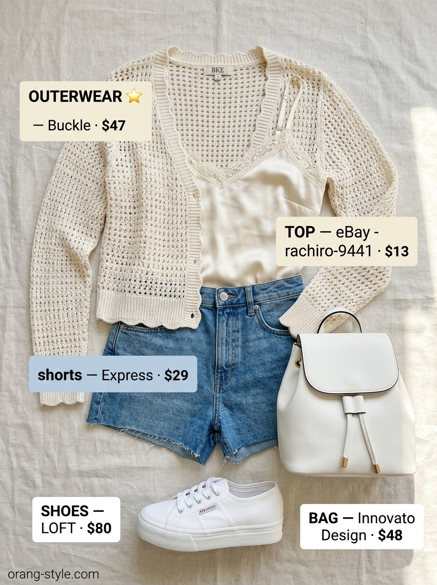 Playful denim & lace outfit for textured all white summer outfits for women 2026. White shorts & crochet cardigan.