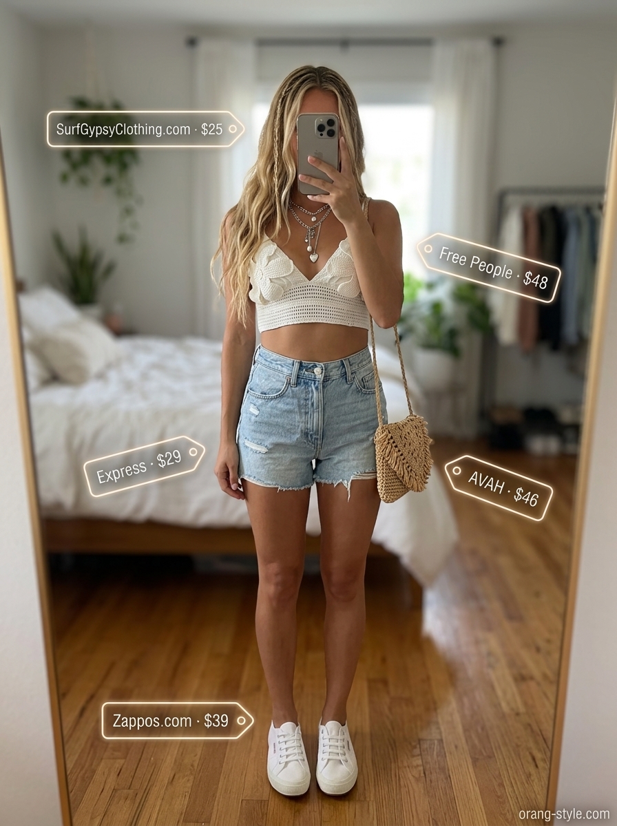 Textured all white summer outfits for women 2026: White crochet crop top, denim shorts, silver chains, and straw bag for festivals.
