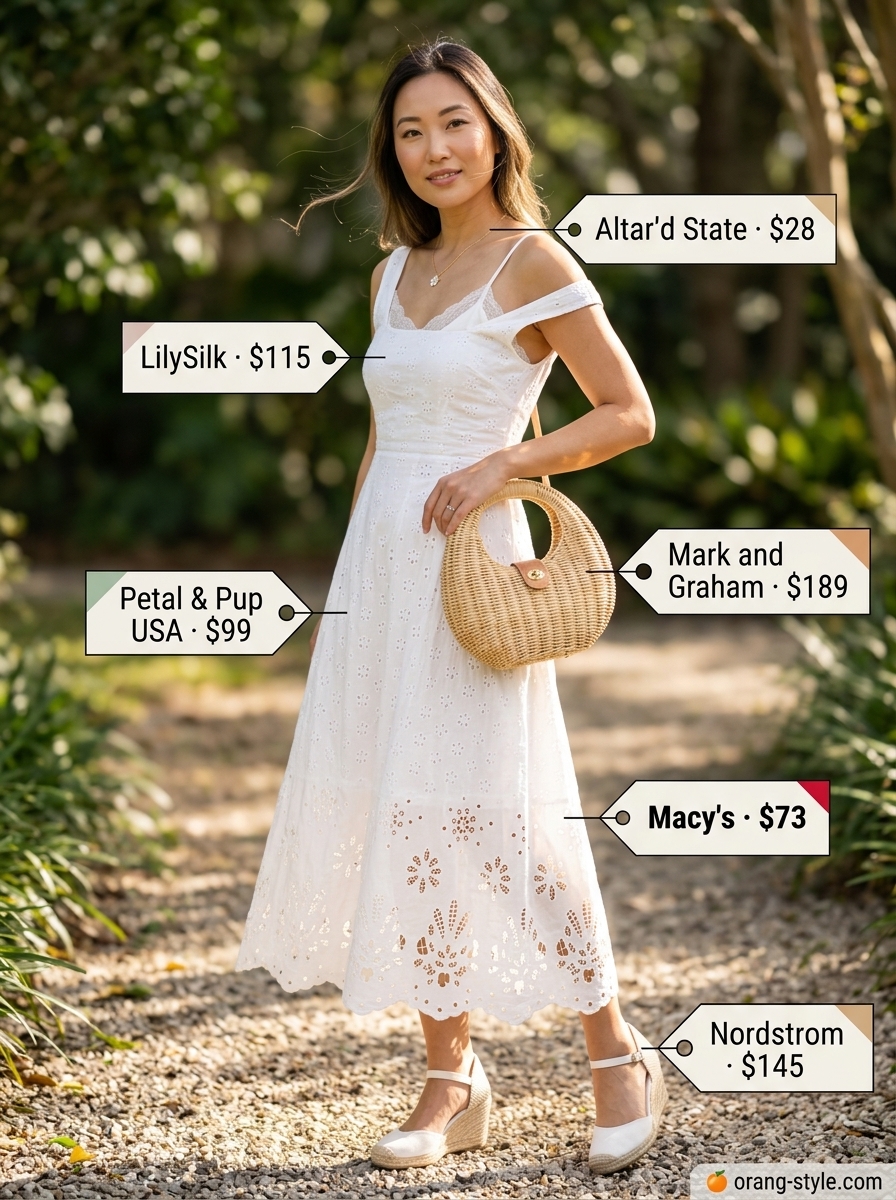 Textured all white summer outfits for women 2026: Eyelet midi skirt, lace cami, espadrilles, and wicker bag for garden brunch.