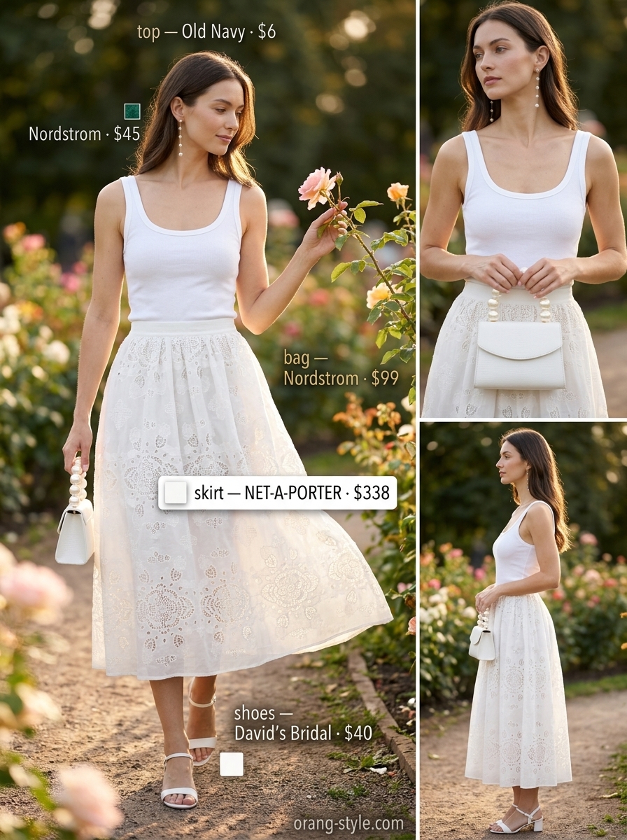 Textured garden party outfit for women 2026. White broderie anglaise skirt & ribbed tank.