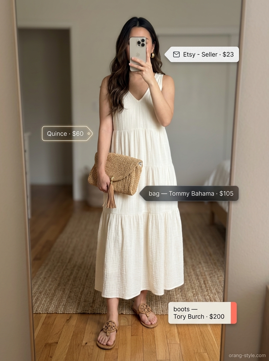 Textured all white summer outfits for women 2026: Creamy white gauze maxi dress, raffia clutch, gold hoops, and leather sandals.