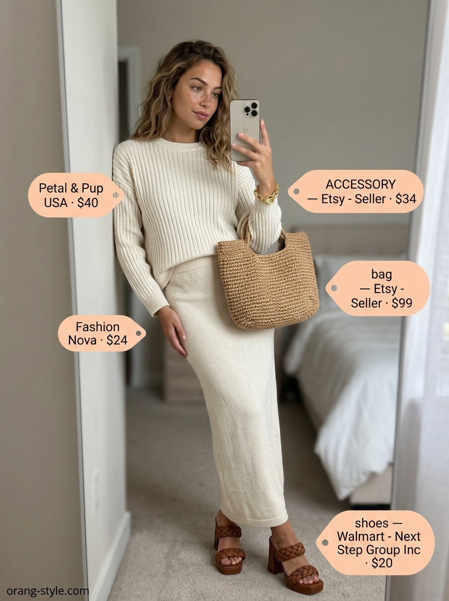 Ecru knit leisure set for textured all white summer outfits for women 2026. Wide-leg pants & crop top.