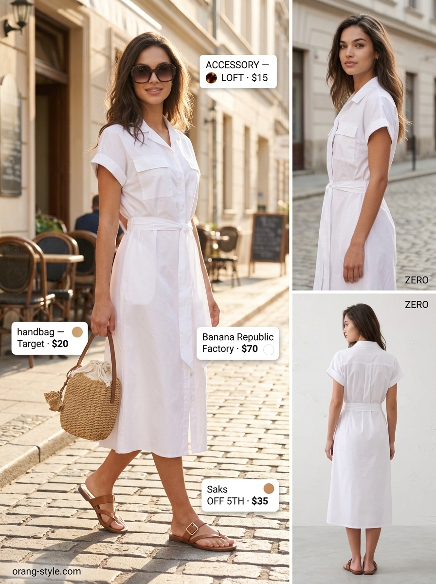 Textured all white summer outfits for women 2026: Effortless midi shirt dress, woven bag, slide sandals for brunch.