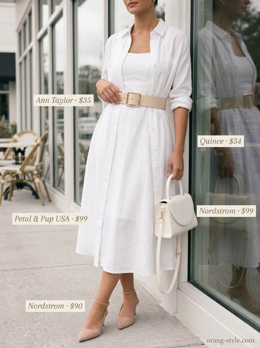 Textured all white summer outfits for women 2026: Polished midi shirt dress, tote, block heels for the office.