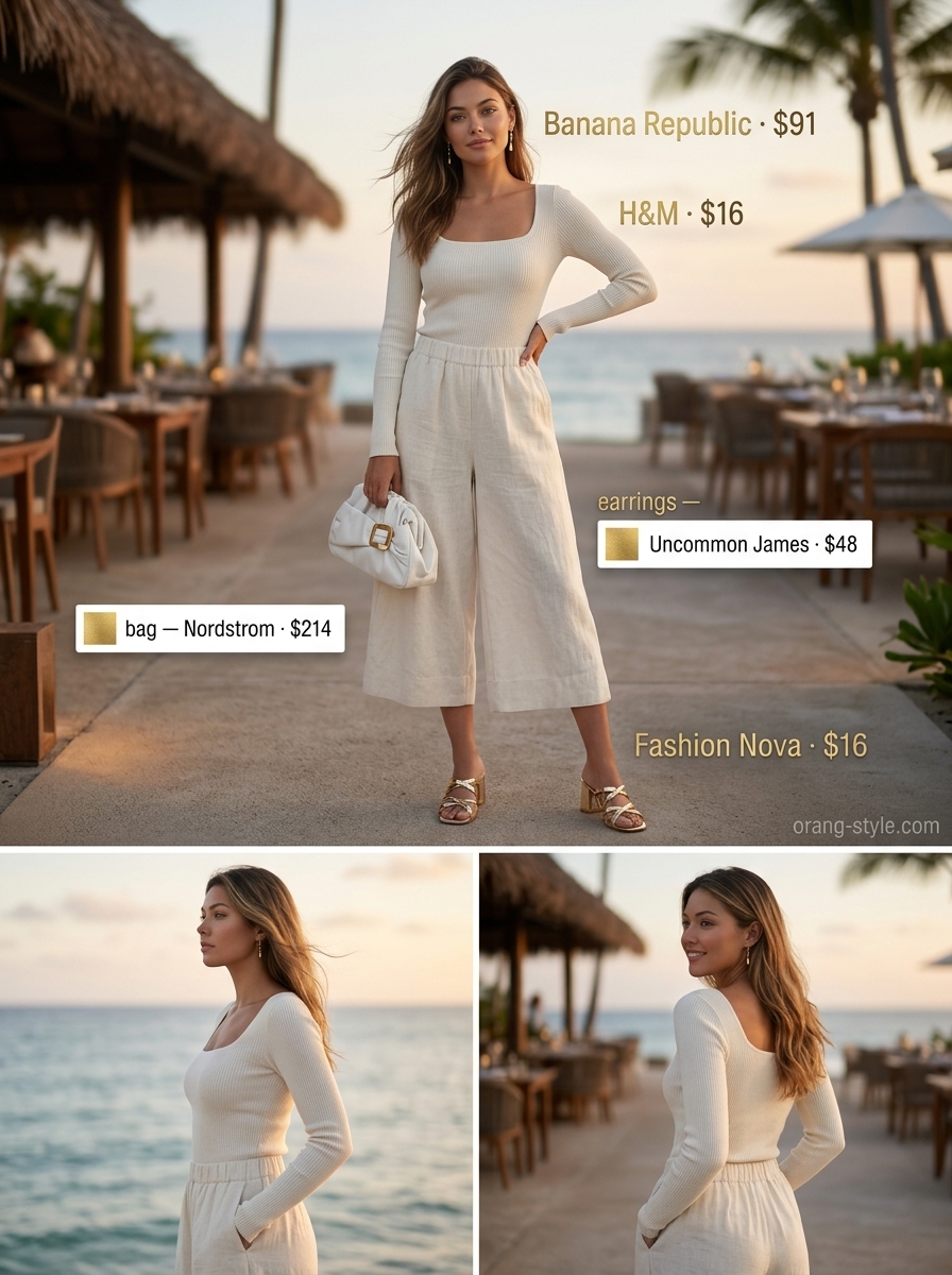 Textured resort getaway outfit for women 2026. White culottes & cream knit camisole.