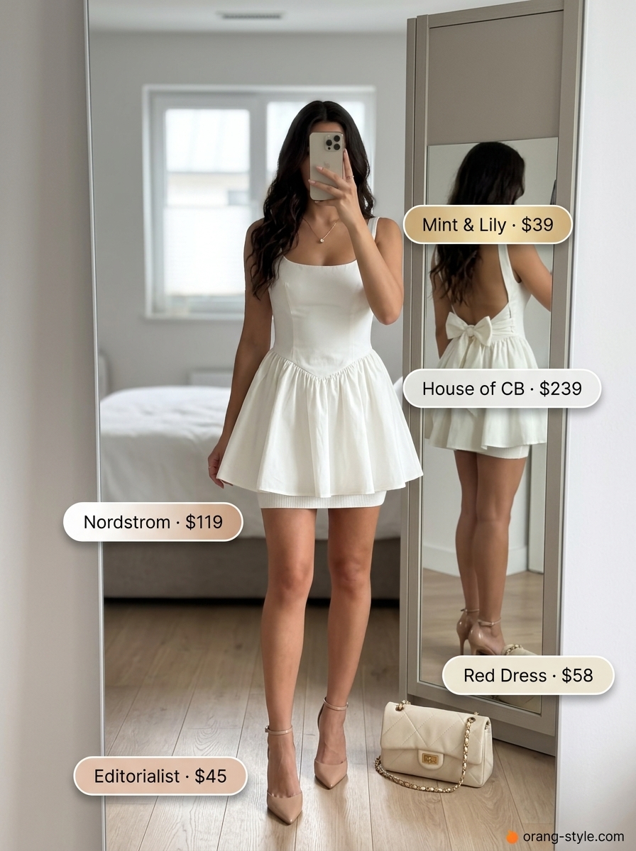 Textured all white summer outfits for women 2026: White ribbed knit skirt, fitted crop top, nude heels, and gold necklace.