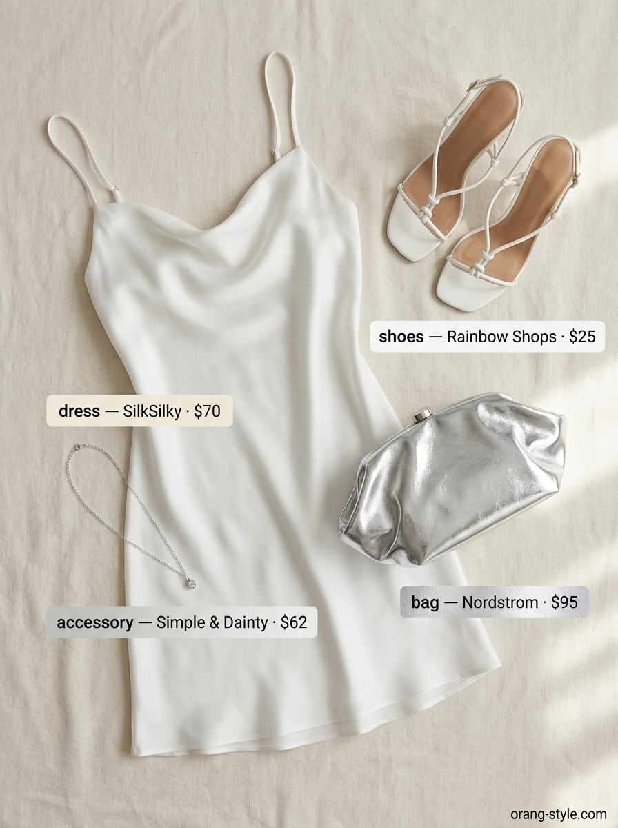 Satin slip dress for textured all white summer outfits for women 2026. Elegant white dress with silver heels & clutch.