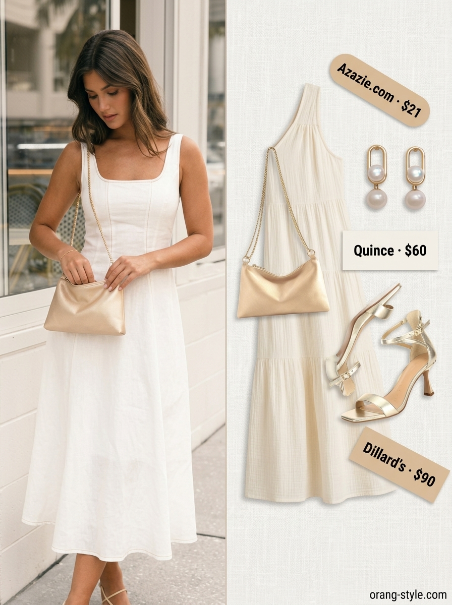Textured all white summer outfits for women 2026: Off-white tiered maxi dress, gold heels, and pearl earrings for a soirée.
