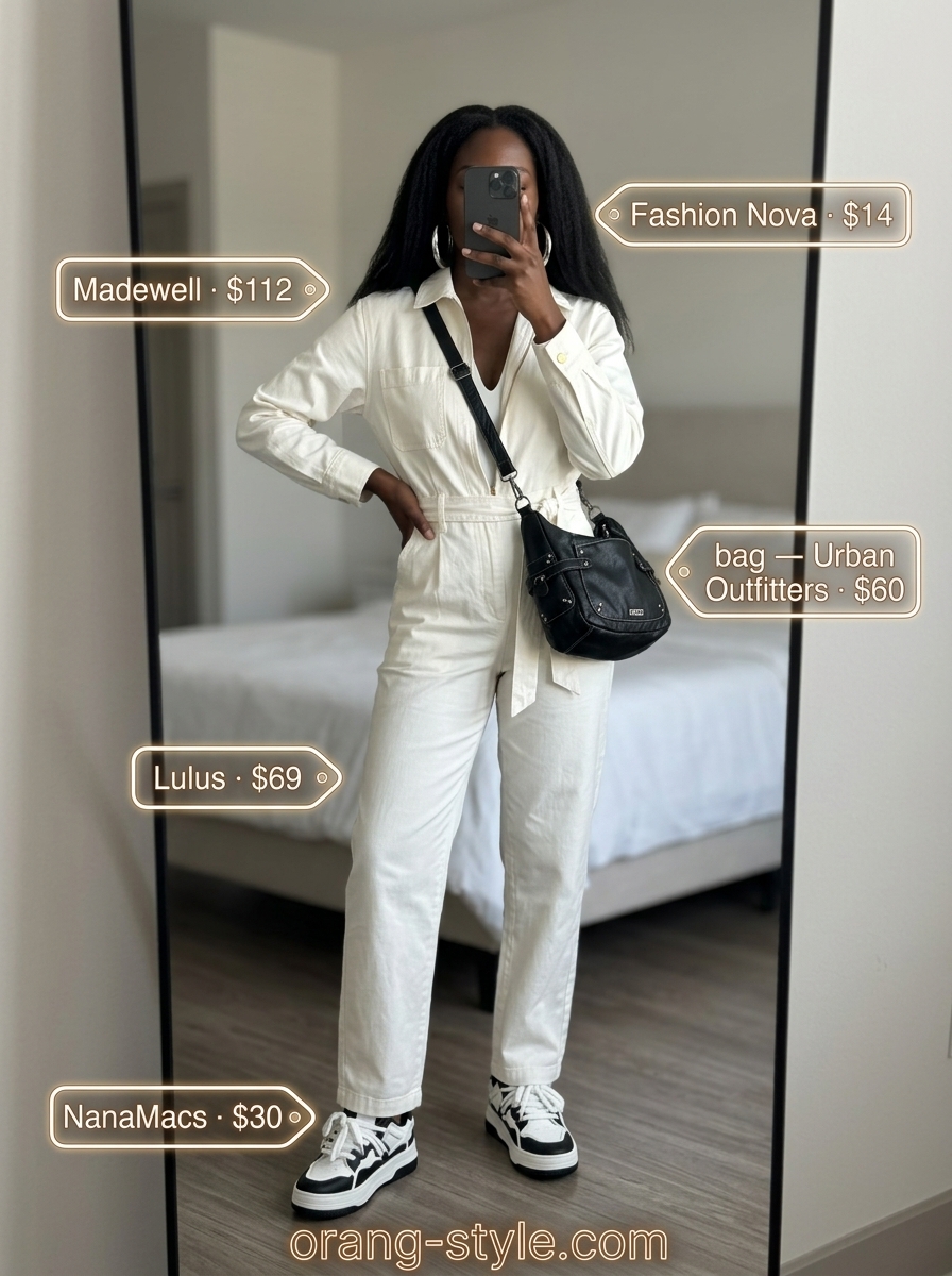 Textured all white summer outfits for women 2026: Ivory utility jumpsuit, chunky sneakers, crossbody bag, and silver hoops.