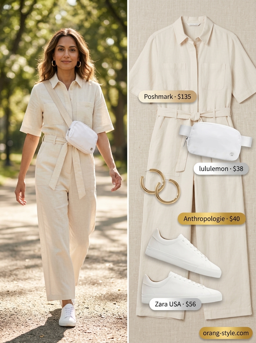 Textured all white summer outfits for women 2026: Ecru utility jumpsuit, belt bag, gold hoops, and white sneakers for a creative workshop.