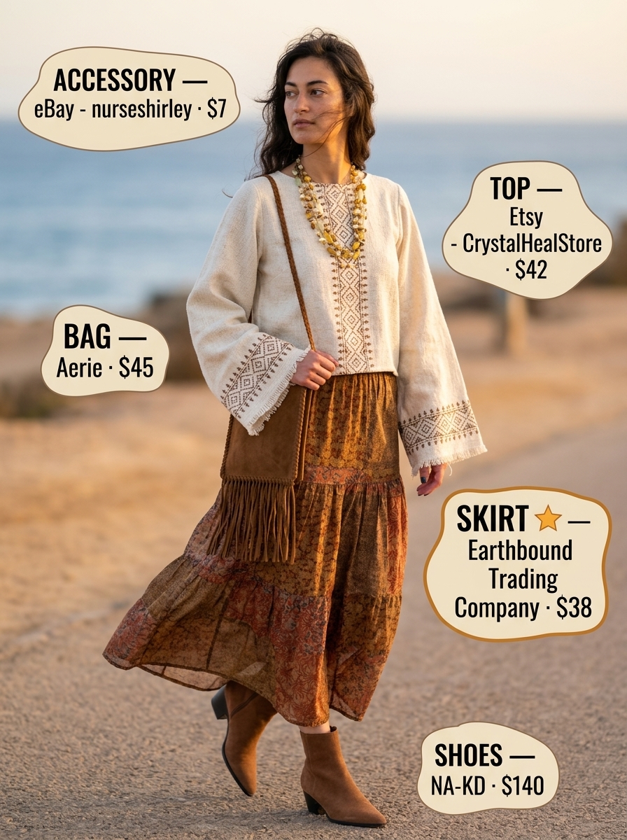 Bohemian tiered maxi skirt outfit summer 2026 with floral print, cream blouse, suede boots & fringe bag.