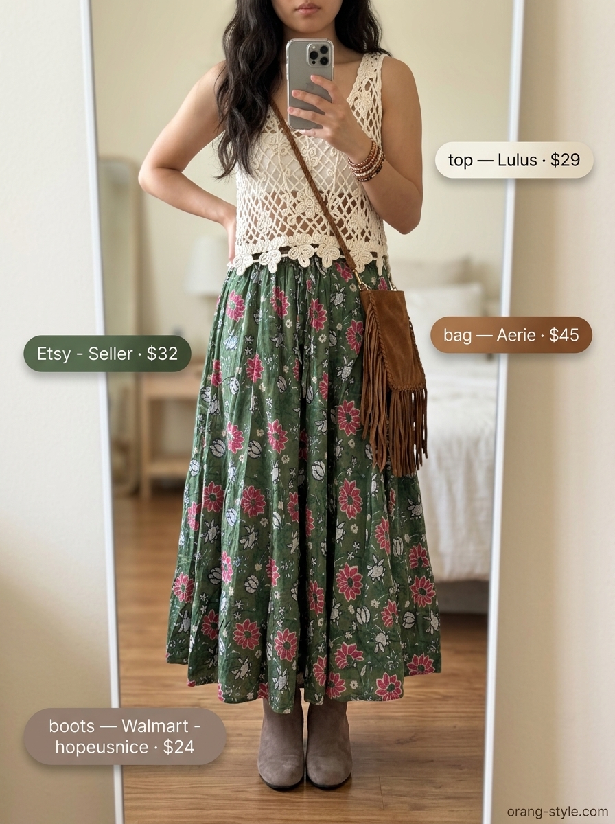 Boho chic tiered maxi skirt outfit summer 2026: Olive green skirt, cream crochet top, suede boots. Perfect for festivals.