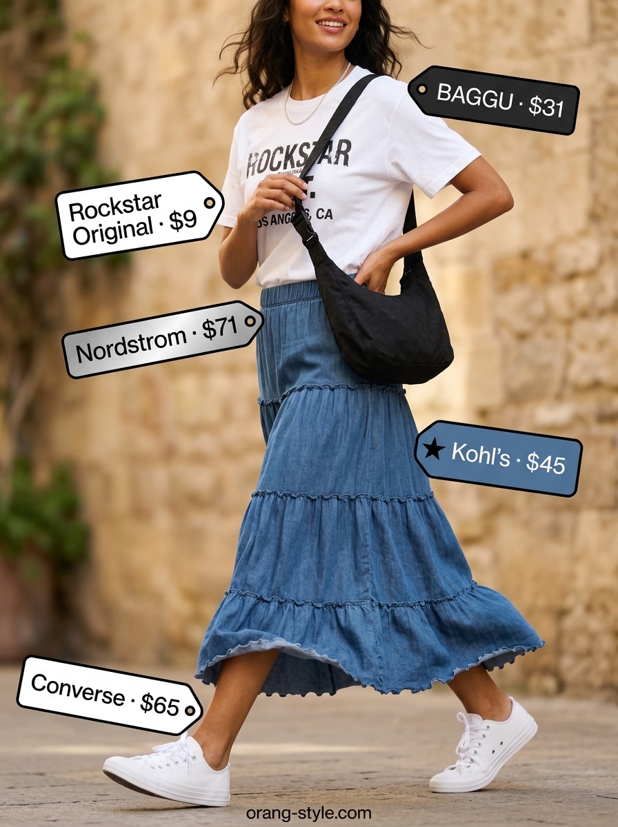 Casual denim tiered maxi skirt outfit for summer 2026, with graphic tee, white sneakers, and black crossbody bag.