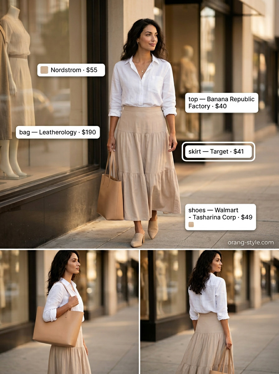 Chic neutral tiered maxi skirt outfit for summer 2026, featuring beige linen skirt, white blouse, gold necklace, and mules.