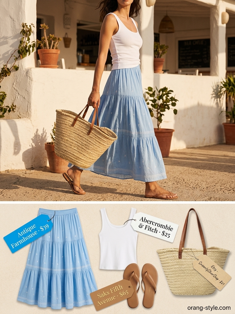 Coastal sky blue tiered maxi skirt outfit for summer 2026 beach day, with ribbed tank, leather thongs, and straw tote.