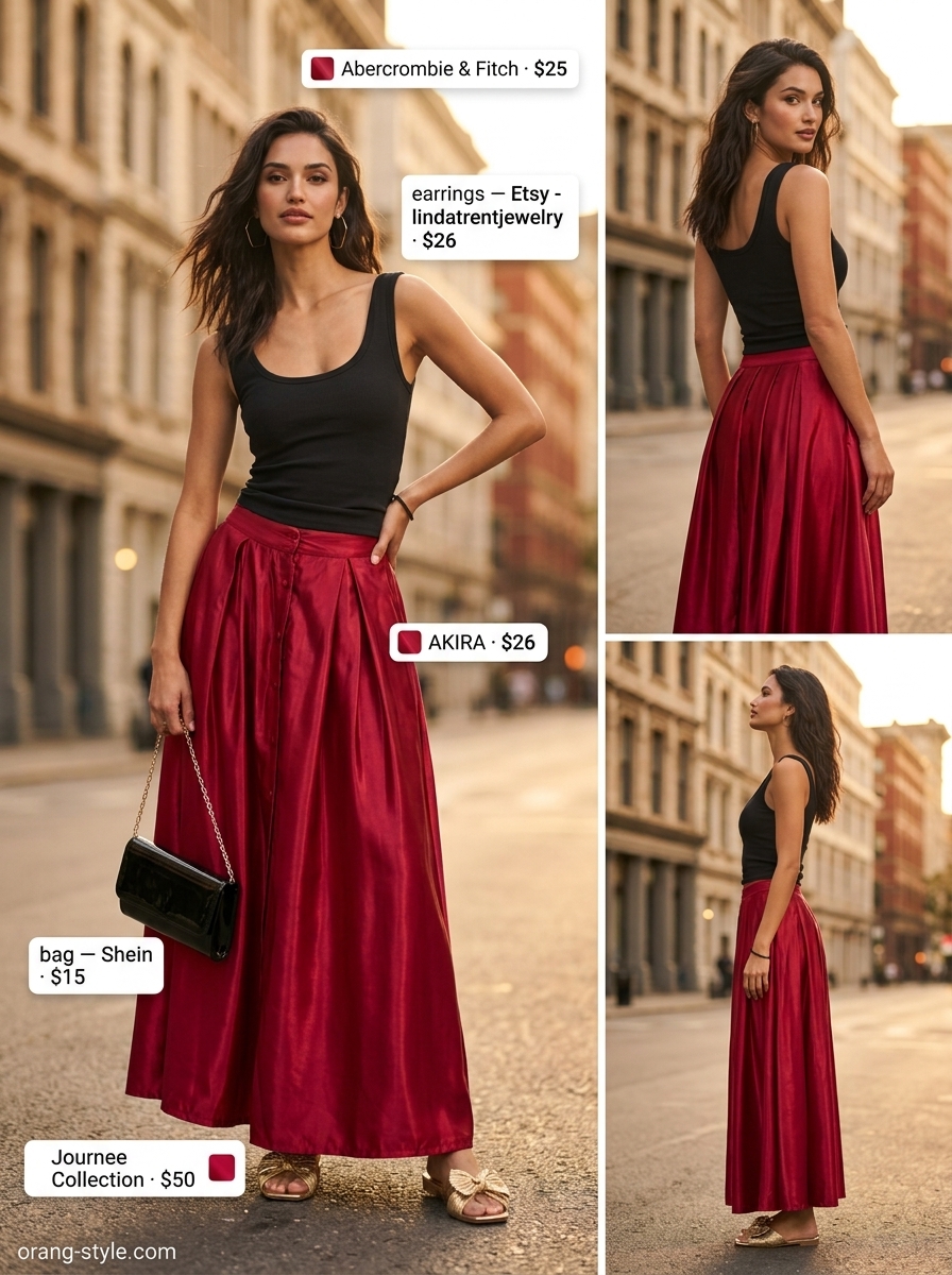 Crimson red tiered maxi skirt outfit summer 2026 with black tank, gold earrings, metallic sandals & clutch.