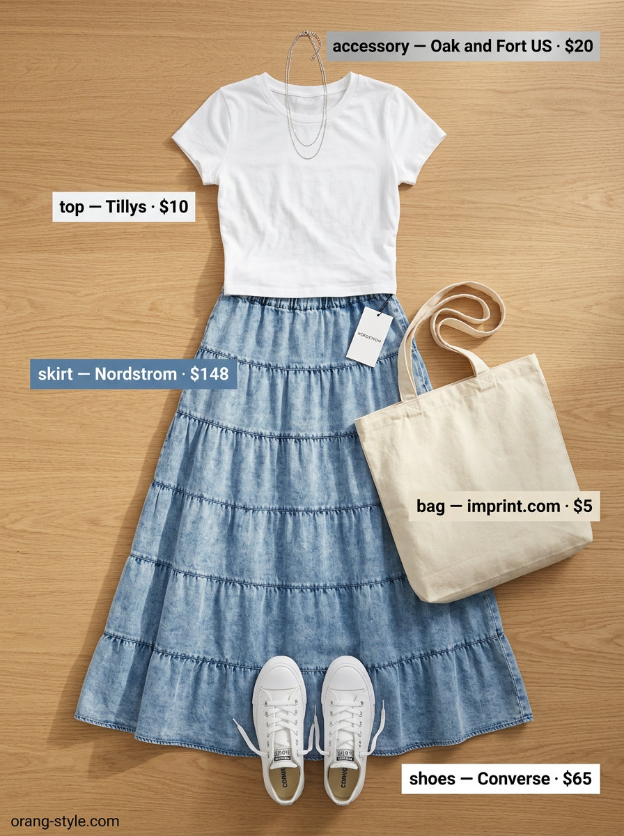 Denim dreams tiered maxi skirt outfit summer 2026: Denim skirt, white crop top, white sneakers. Casual and cool for daytime.