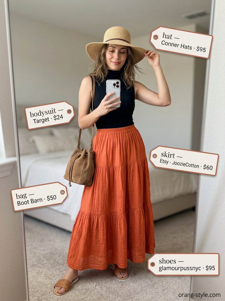 Desert bloom tiered maxi skirt outfit summer 2026: Terracotta skirt, black bodysuit, straw hat. Earthy and casual for city exploration.