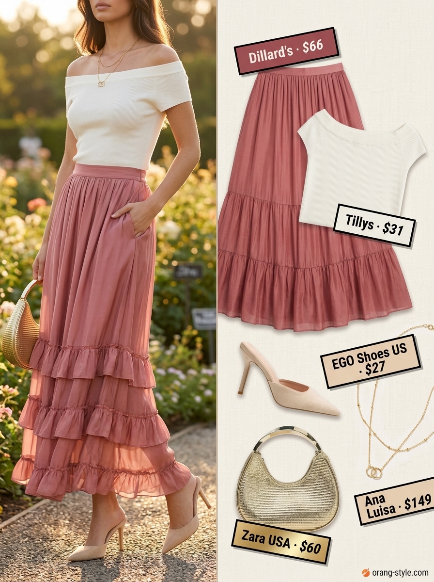 Dusty rose tiered maxi skirt outfit summer 2026 with cream off-shoulder top, gold necklaces & heeled mules.