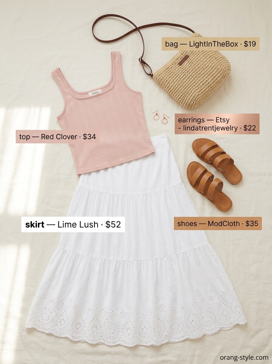 Ethereal white tiered maxi skirt outfit summer 2026: White eyelet skirt, blush pink top, flat sandals. Romantic for garden parties.