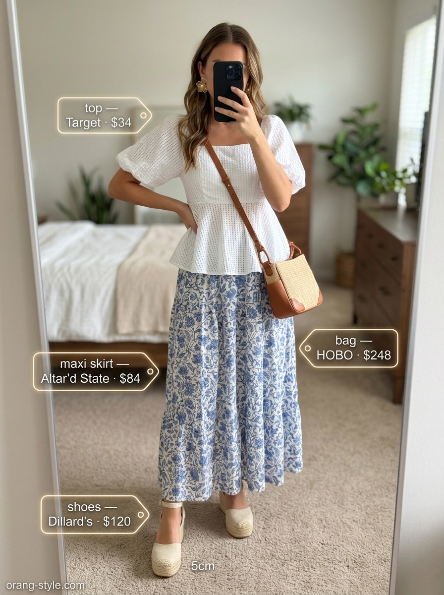 Festive pastel floral tiered maxi skirt outfit for summer 2026 garden party, with puff sleeve blouse and espadrille wedges.