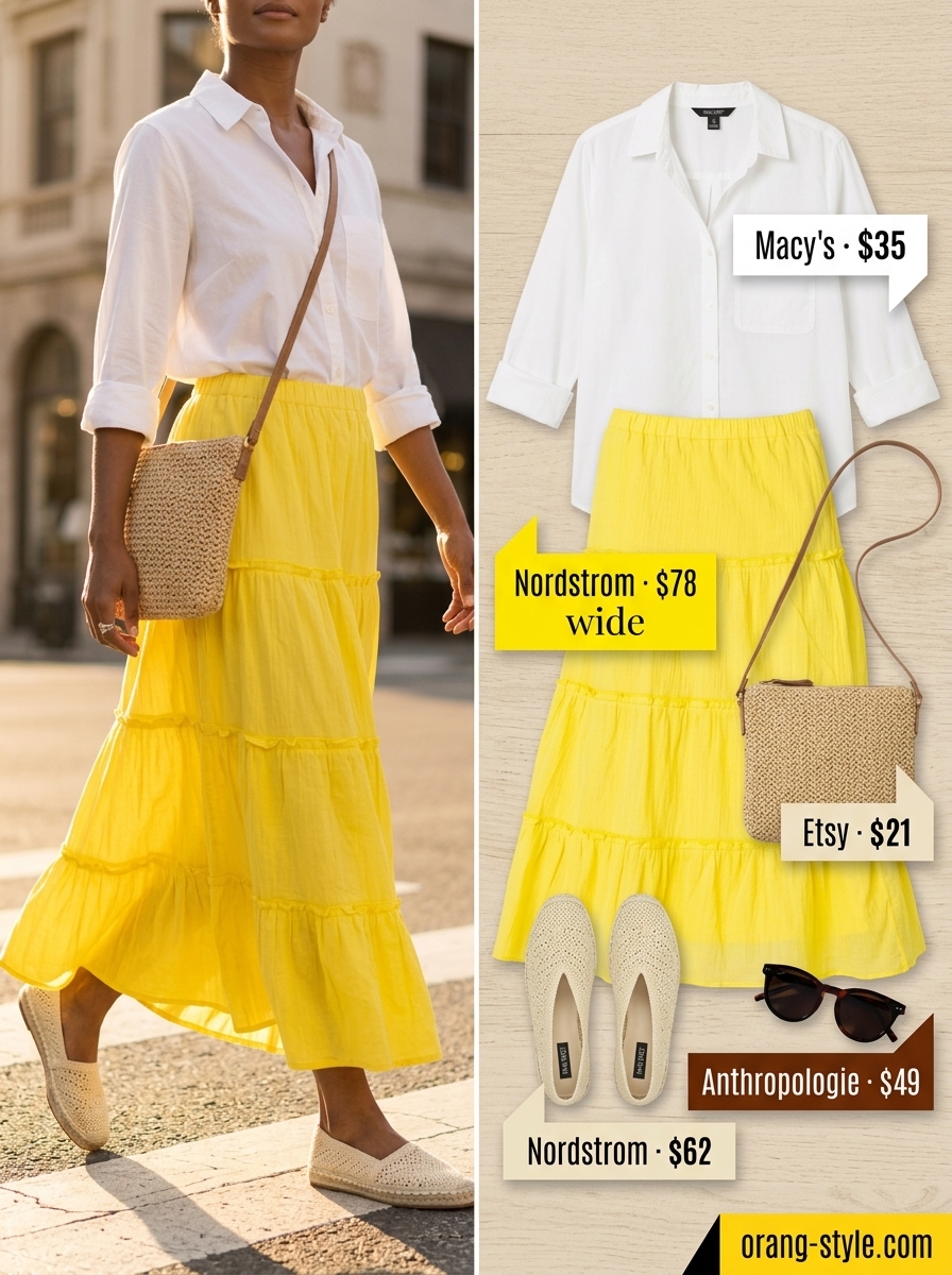 Lemon yellow tiered maxi skirt outfit summer 2026 with white shirt, espadrilles & straw crossbody bag.