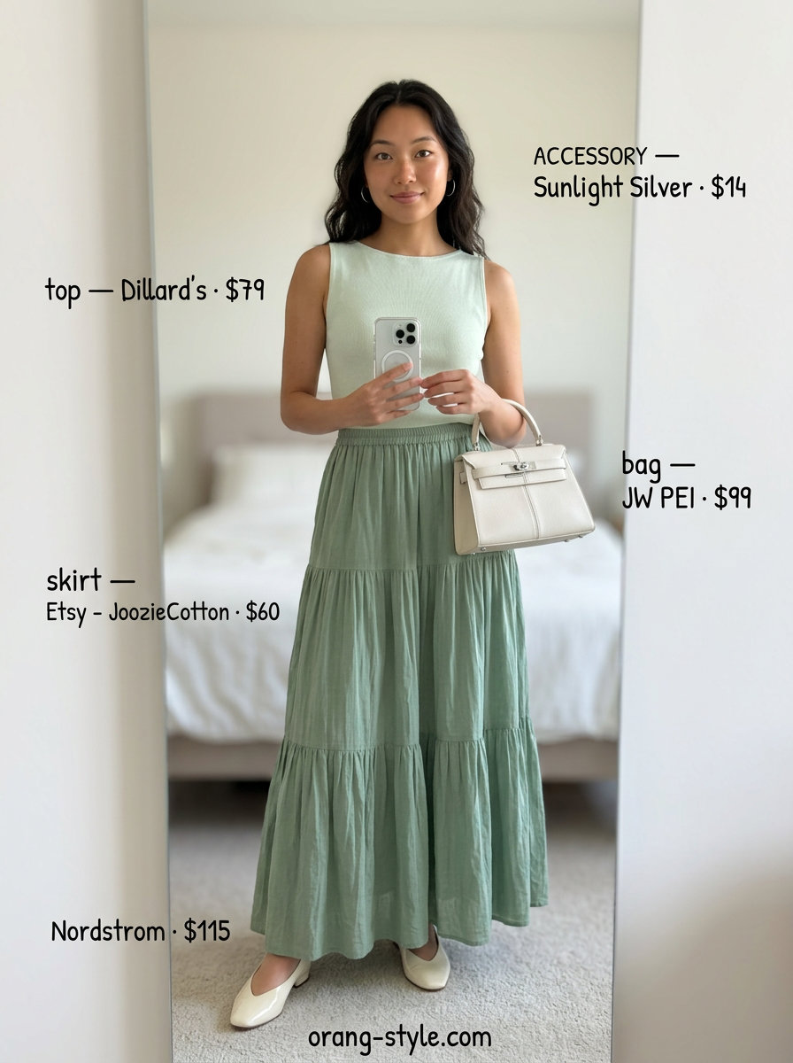 Monochromatic mint tiered maxi skirt outfit summer 2026: Mint green skirt, white knit top, leather flats. Elegant for daytime events.