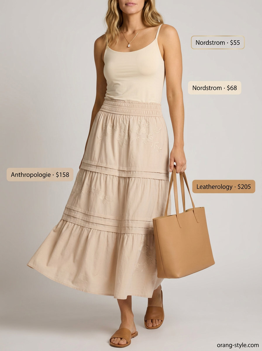 Beige tiered maxi skirt outfit summer 2026 with cream camisole, gold necklace, flats & structured tote.