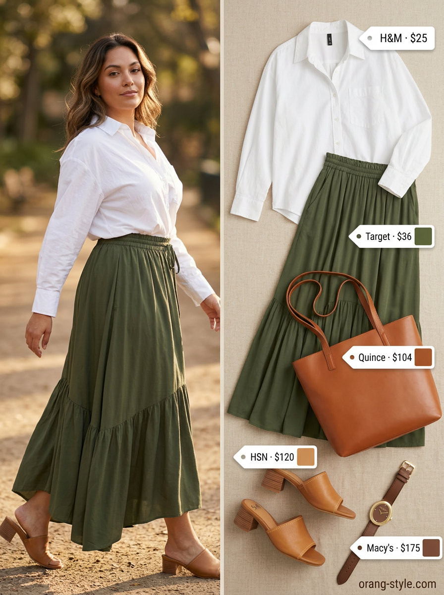Olive grove tiered maxi skirt outfit summer 2026: Olive skirt, white shirt, leather slides. Chic for casual work days.