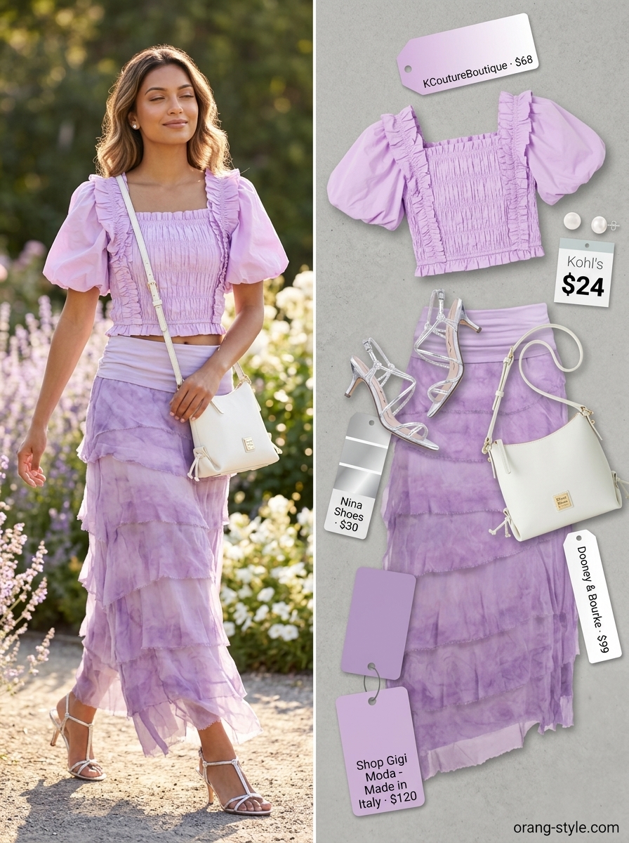 Pastel lavender tiered maxi skirt set for summer 2026 garden party, with puff sleeve crop top, pearl earrings, and silver heels.