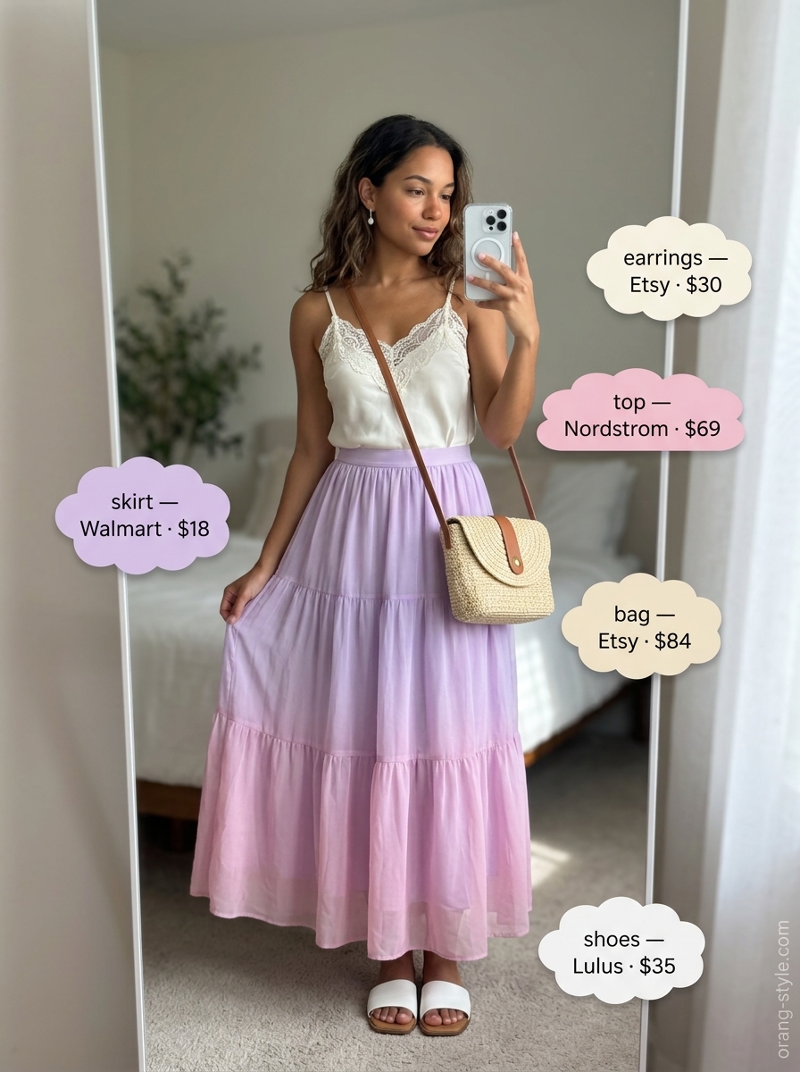 Romantic pastel lilac tiered maxi skirt outfit for summer 2026 evening, with lace camisole, woven bag, and flat sandals.