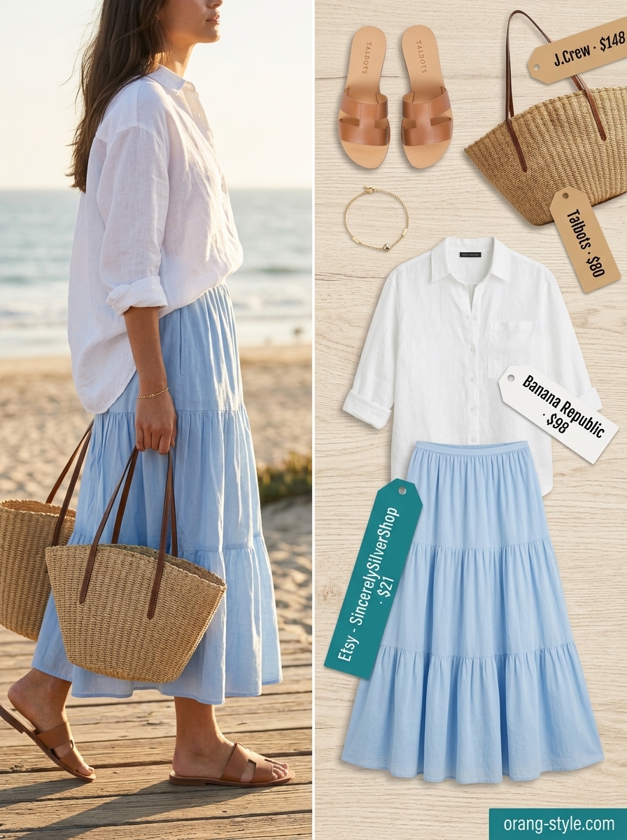 Seaside breeze linen tiered maxi skirt outfit for summer 2026, with oversized white linen shirt, tan slides, and straw tote.