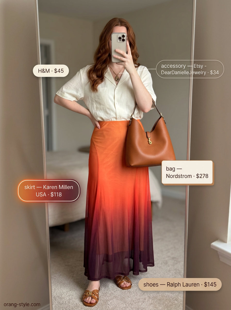 Sunset gradient tiered maxi skirt outfit summer 2026 with cream linen shirt, tan sandals & hobo bag.