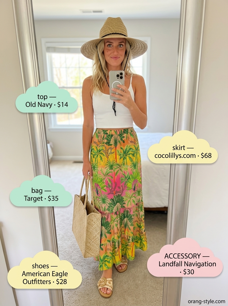 Tropical getaway tiered maxi skirt outfit summer 2026: Bold print skirt, white crop top, straw hat. Vibrant for vacation.