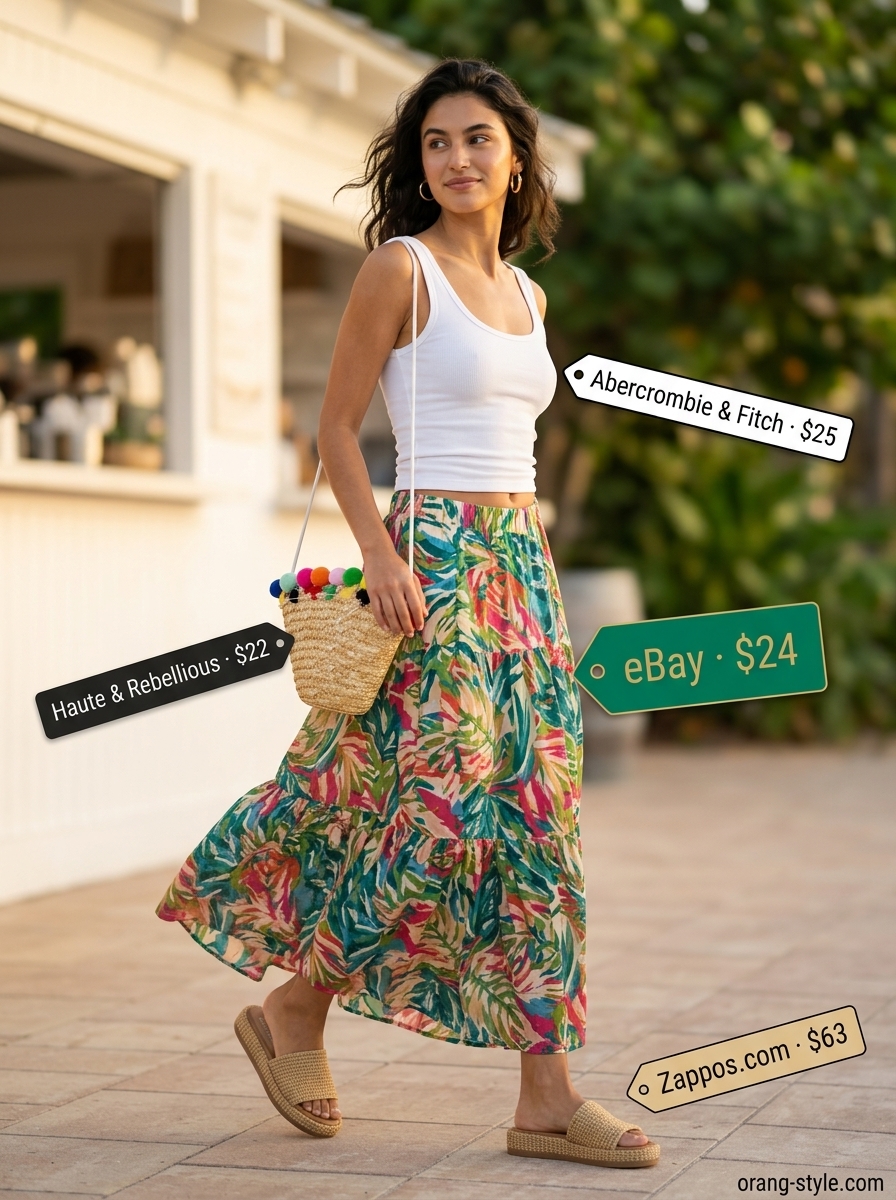 Tropical tiered maxi skirt outfit summer 2026 with white tank, straw hat & tote, and slide sandals.