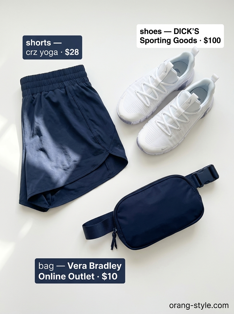 Trendy summer activewear for women 2026: Bright orange crop tank, navy shorts, white jacket for fitness class.