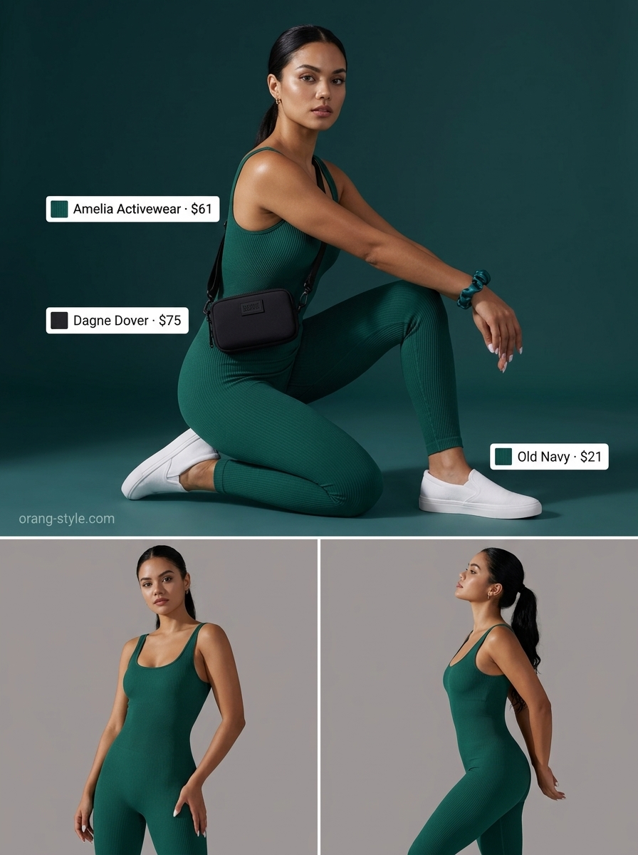 Trendy summer activewear for women 2026: Deep teal unitard, black hoodie, white slip-on shoes for barre class.