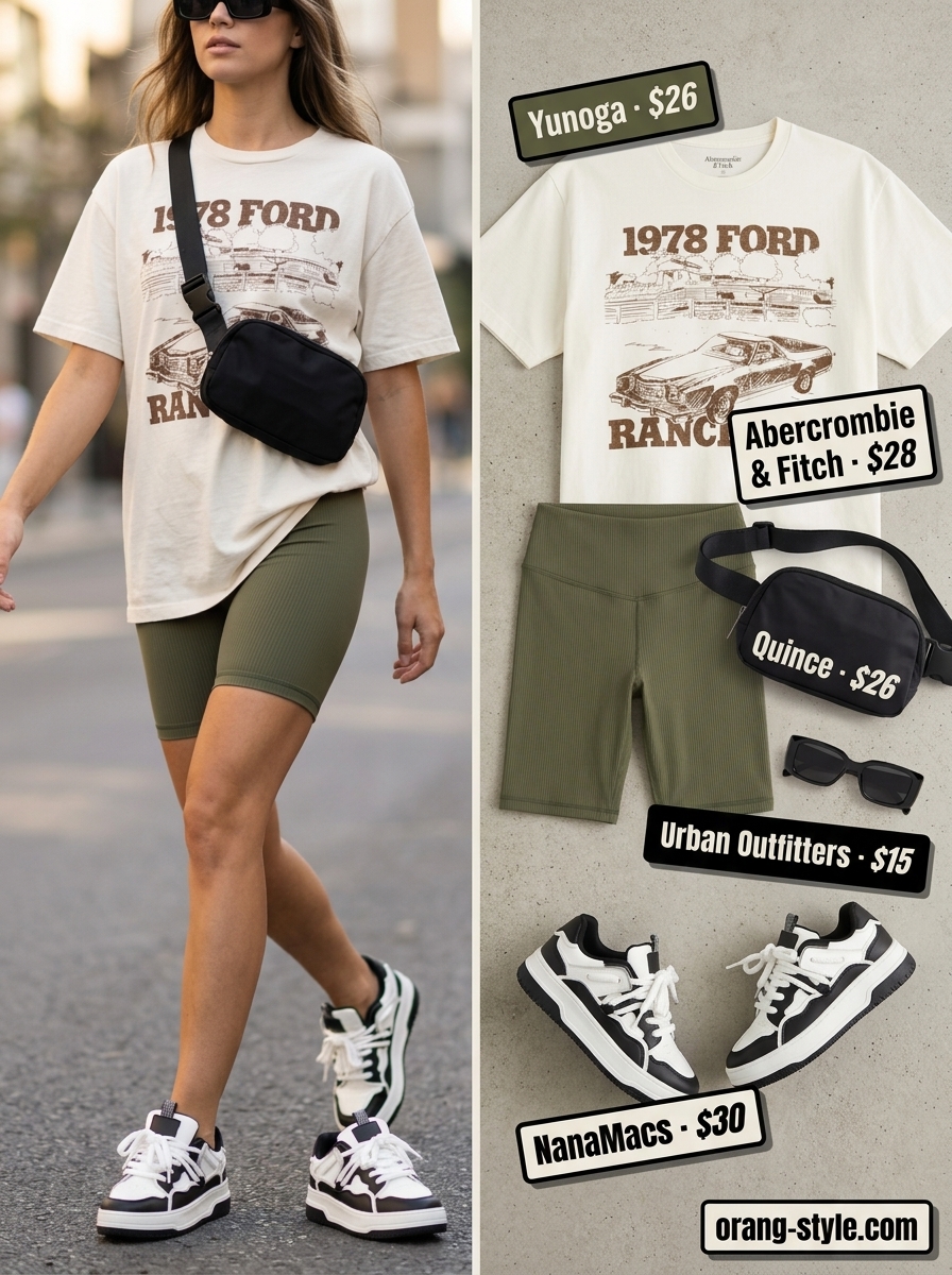 Trendy summer activewear for women 2026: Olive green biker shorts, cream graphic tee, chunky sneakers for street style.