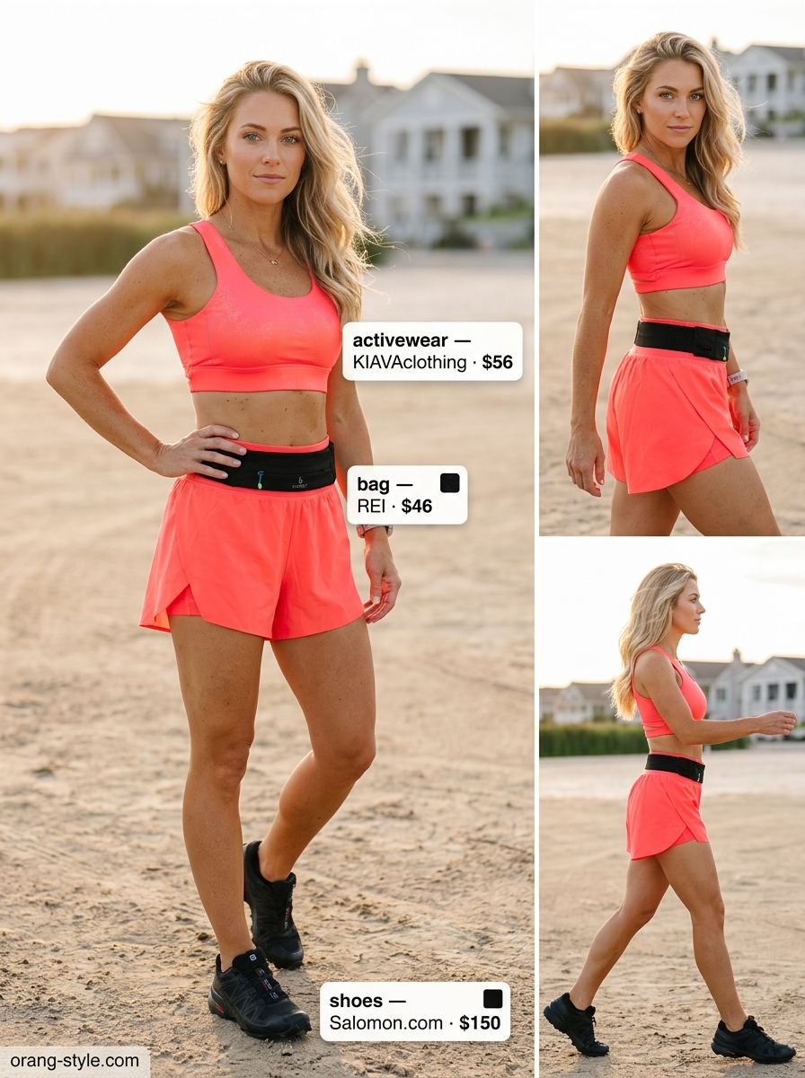 Trendy summer activewear for women 2026: Bright coral running shorts, charcoal tank, trail running shoes for outdoor cardio.