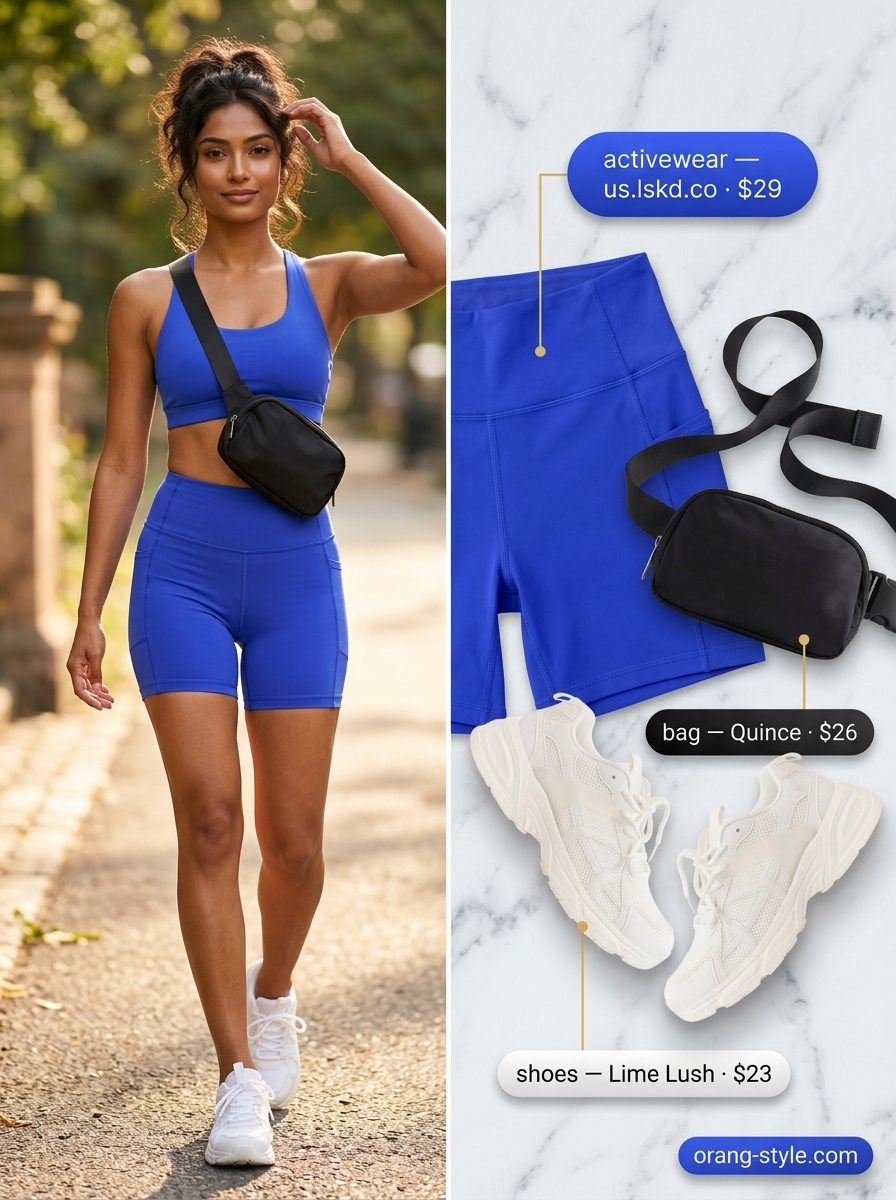 Trendy summer activewear for women 2026: Cobalt blue biker shorts, black tank, white graphic tee for HIIT workout.