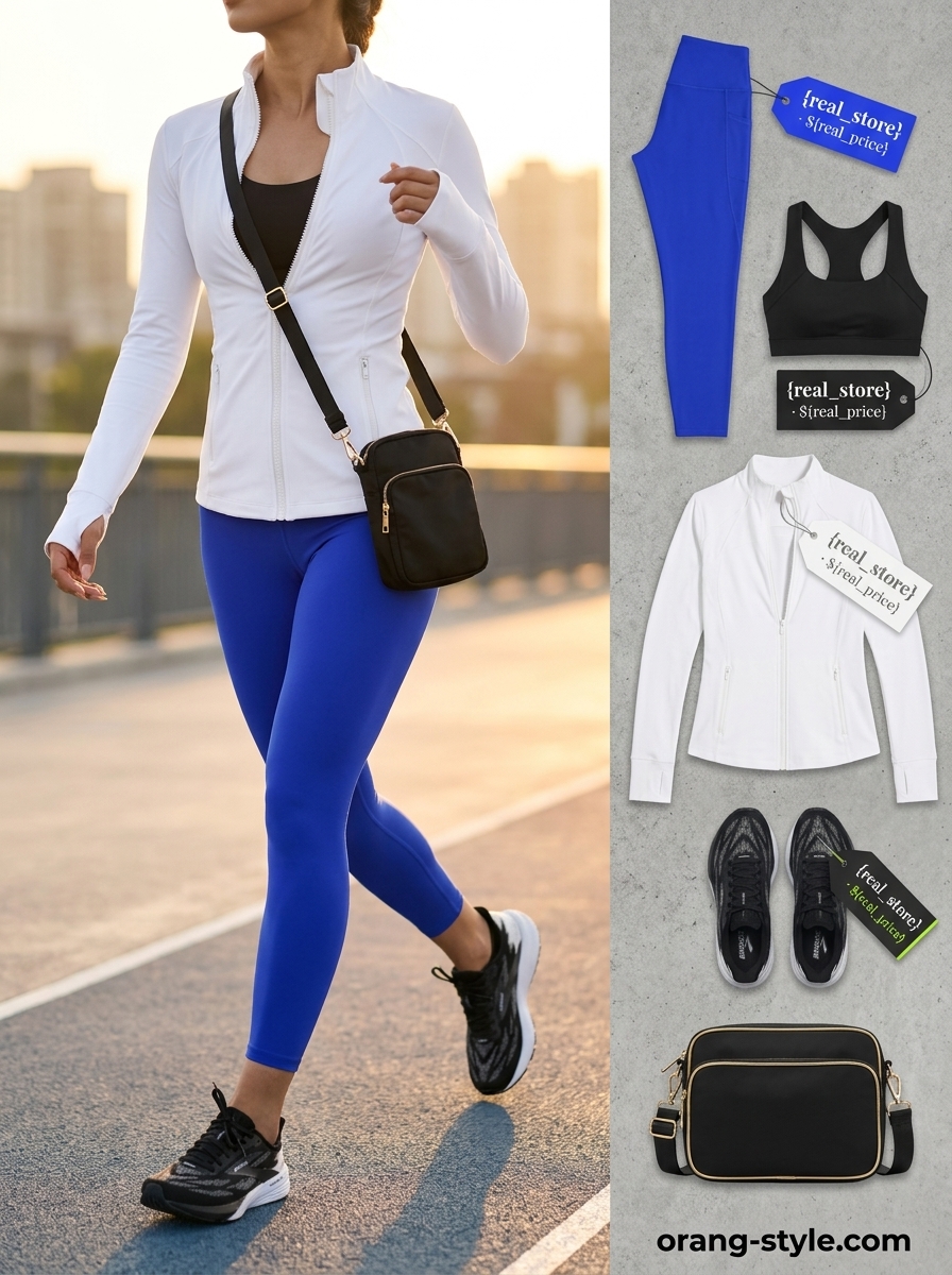 Trendy summer activewear for women 2026: Cobalt blue leggings with white track jacket for running.