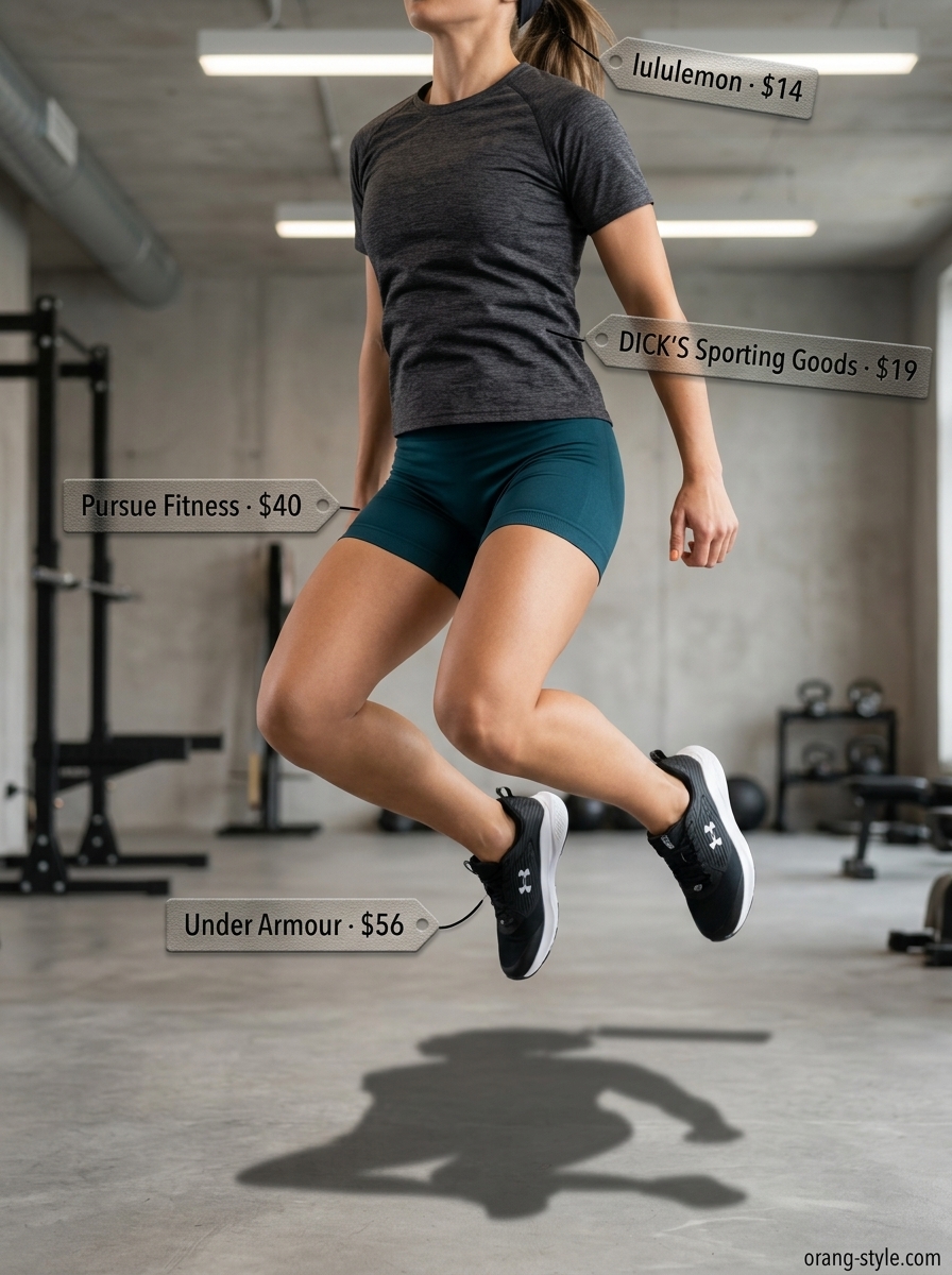 Trendy summer activewear for women 2026: Deep teal shorts, black sports bra, and grey t-shirt for HIIT.