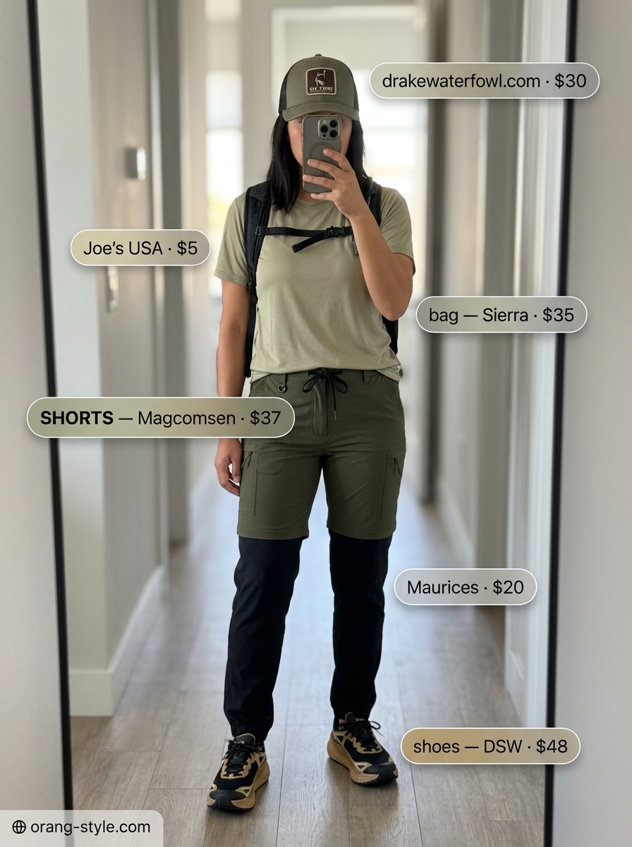 Trendy summer activewear for women 2026: Olive green hiking shorts with tan performance tee for desert trails.