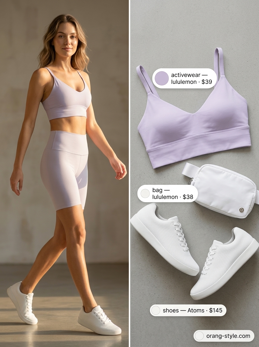 Trendy summer activewear for women 2026: Soft lavender leggings, cream t-shirt, and white belt bag for yoga.