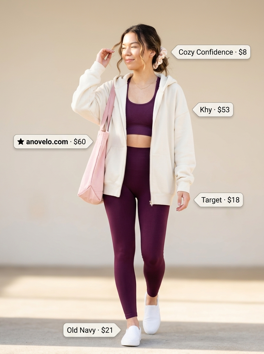 Trendy summer activewear for women 2026: Lavender seamless set with cream hoodie for comfort.