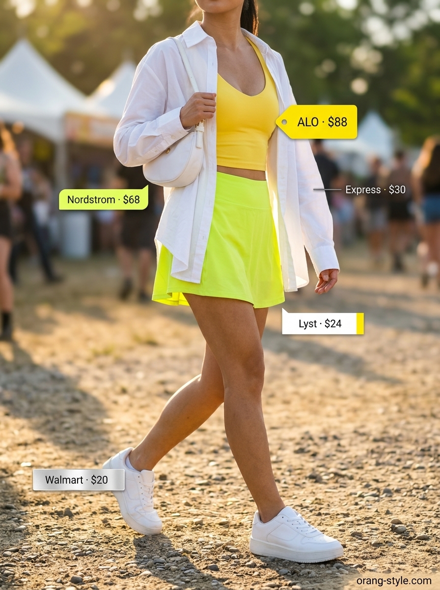 Trendy summer activewear for women 2026: Sunny yellow mini skirt set with oversized white shirt.